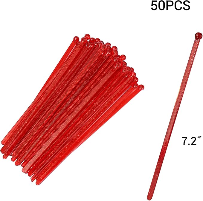 50-PCS Christmas Red Glitter Plastic Swizzle Sticks, Crystal Cake Pops, Cocktail Coffee Drink Stirrers, Stir Sticks for Christmas Party, 7.24 Inch