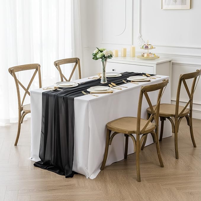 6Pack 9ft Chiffon Table Runner 14x108 Inch Sheer Romantic Table Runner for Wedding Birthday Party Bridal Shower Outdoor Decoration-Black