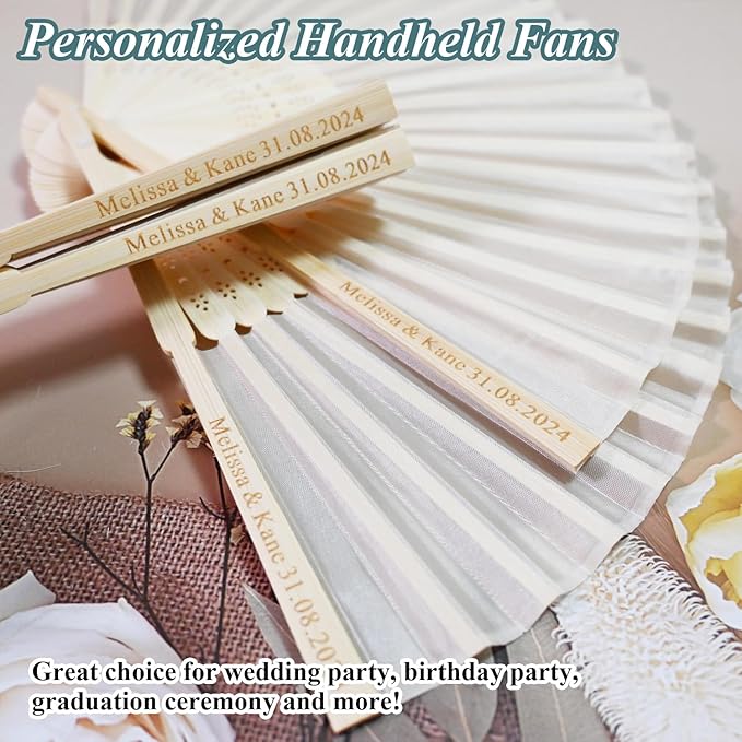 100 Set Personalized Cream Wedding Fans for Guests Bulk, Custom Engraved Summer Wedding Fans, Silk Hand Fans Handheld Folded Fan Baby Shower Favors for Bridal Bridesmaid Gift Church Dancing Party