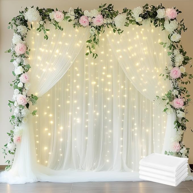 Fomcet Tulle Curtains with Lights String Ivory 20FT X 10FT Sheer Backdrop Curtains for Parties Wedding Baby Shower Photo Shoot Decorations (4 Panels 5 x 10FT)