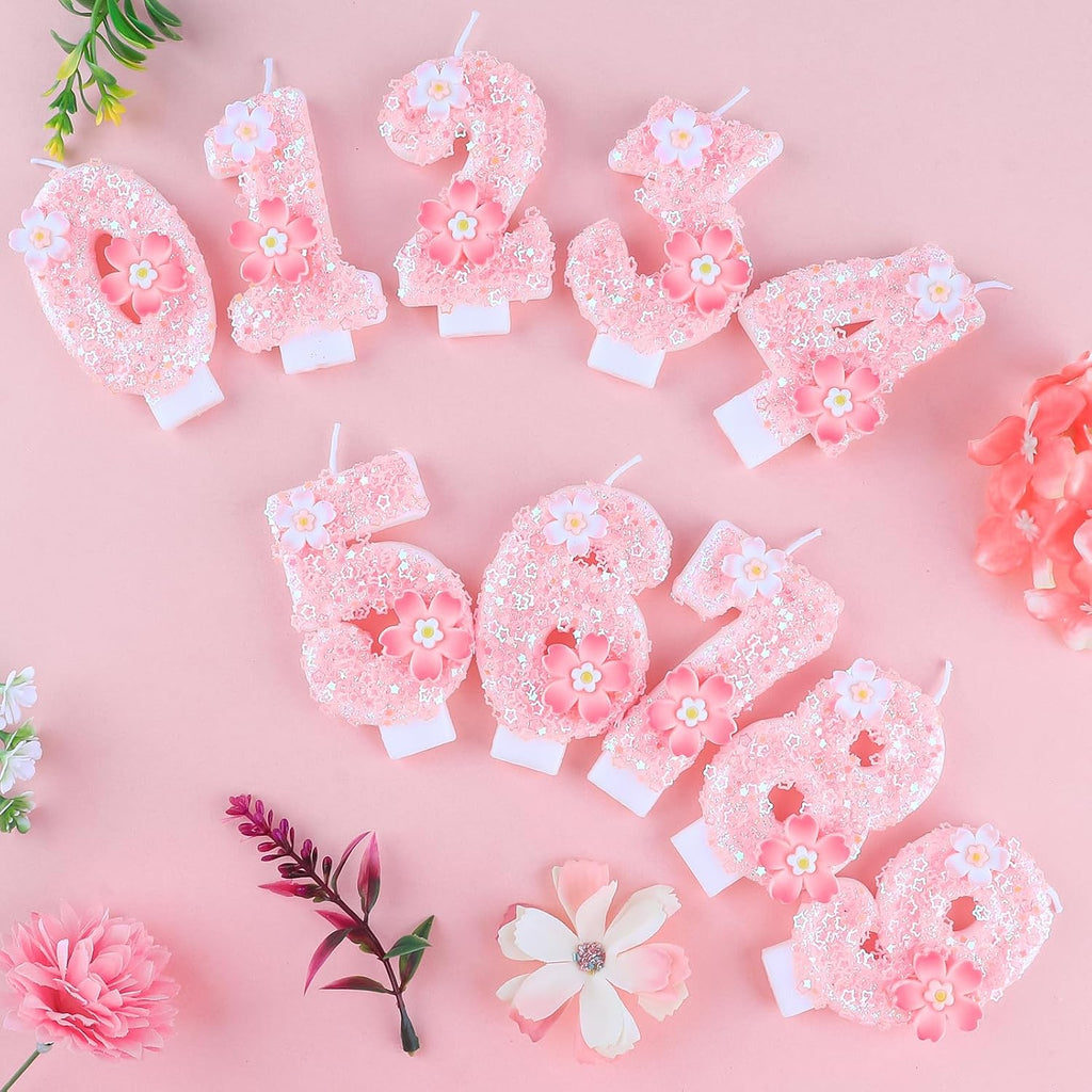 Cherry Blossom Pink Number 3 Birthday Candle, 2.8in Cute Shiny 3 Happy Birthday Candle with Tray & Stick Girls 3 Candle for 3rd Birthday Ideal Birthday Parties Cake Decoration & Gifts