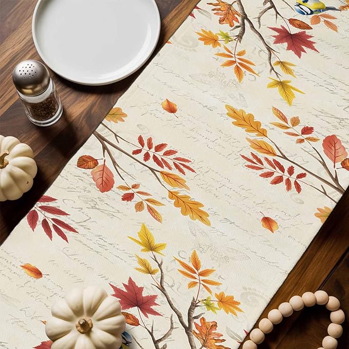 Thanksgiving Fall Cotton Linen Table Runner for Dining Kitchen, Blue Pumpkins Rustic Wedding Outdoor Party Autumn Tablerunners Decoration, Leaves Dresser Scarf Coffee Tablecloth Runners 13x36 Inches