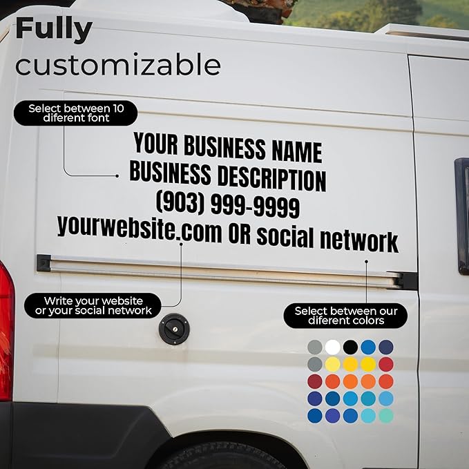 EGD Custom Business Car Decal for Windows or Vans | Personalized Vinyl Stickers with Name, Contact & Website | Waterproof Lettering | 5 Sizes, 25 Colors, 9 Fonts