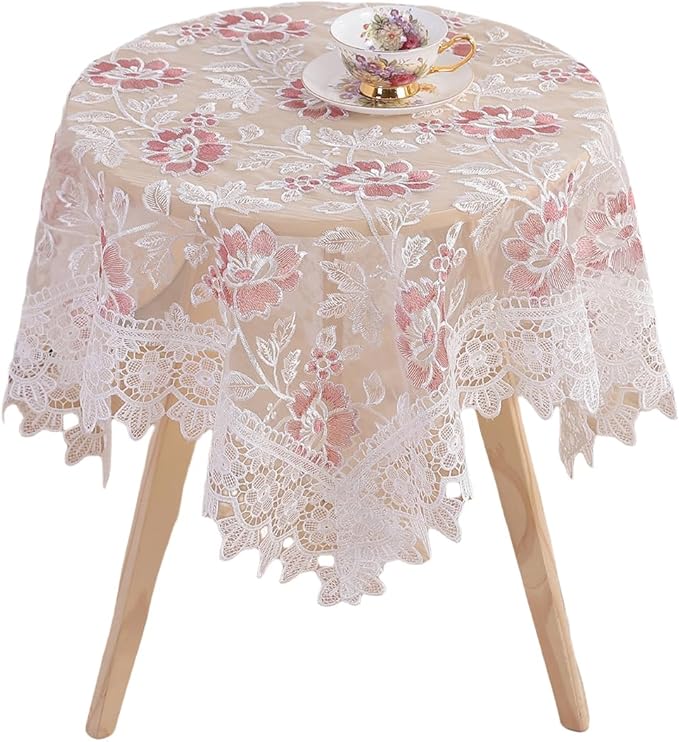 Round Embroidered Lace Tablecloth Vintage Decorative Exquisite Border Table Cover for Party Wedding Home Decorations, Round-60, White