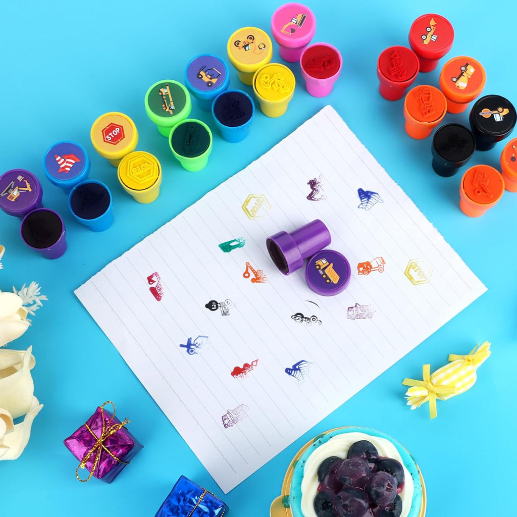 Hxezoc 24 Pieces Construction Truck Print Stamp, Mini Colorful Self Inking Stamps Party Favors Assorted Stamp Set for Classroom Party Educational Learning Activities Supplies