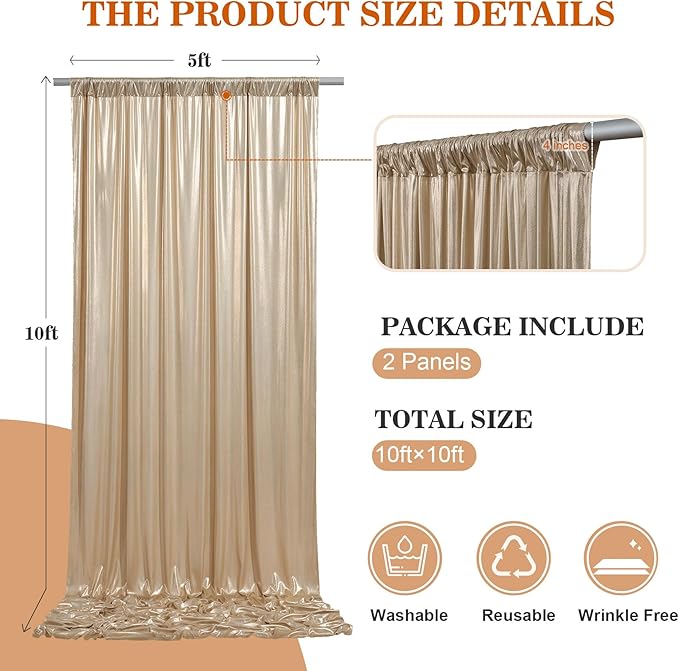 10x10ft Thick Champagne Glitter Backdrop Curtain Panels for Parties, Wrinkle Free Sequin Sparking Photo Backdrop Drapes, 2 Panels 5x10ft Shimmer Back Drop Cloth for Wedding Birthday Photography