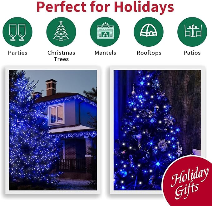 LAMPHOME 66ft Christmas Decorative Mini Lights, 200 LED Transparent Wire Fairy Starry String Lights Plug in, 16 Lighting Modes for Indoor Outdoor Xmas Tree Wedding Party Decoration (White +Blue)