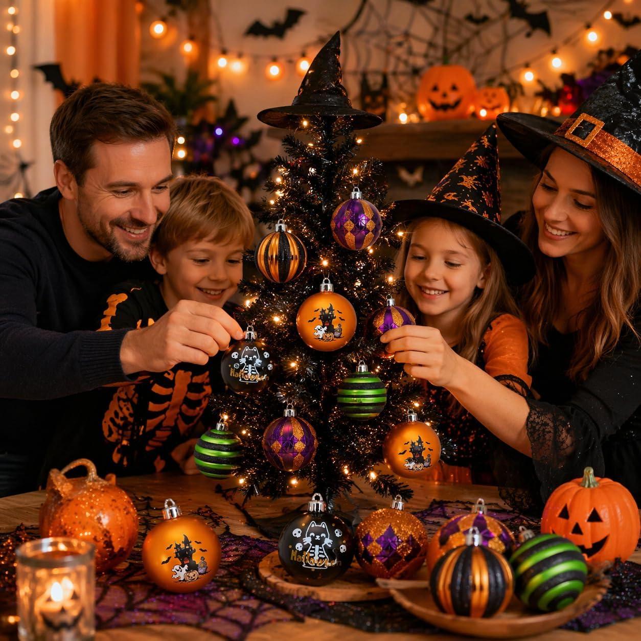 Valery Madelyn 16ct Halloween Ornaments Tree Decorations Indoor 2 Inch | Black Cat Castle Vintage Variety Hanging Ball Ornaments Set for Small Tree, Cute Holiday Party Home Decor