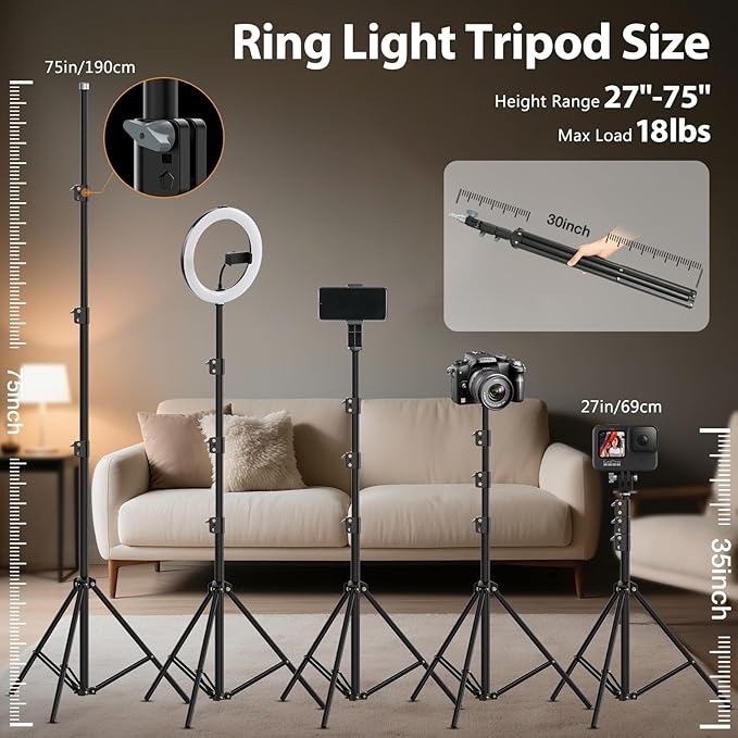 Ring Light 22inch Kit: Ring Light Tripod for iPhone ipad,with 75" Tripod/LCD Display/4 Phone Tablet Clips/2 USB Ports,LED RingLight for Barber Makeup Tattoo TikTok Video Recording Vlog (White)