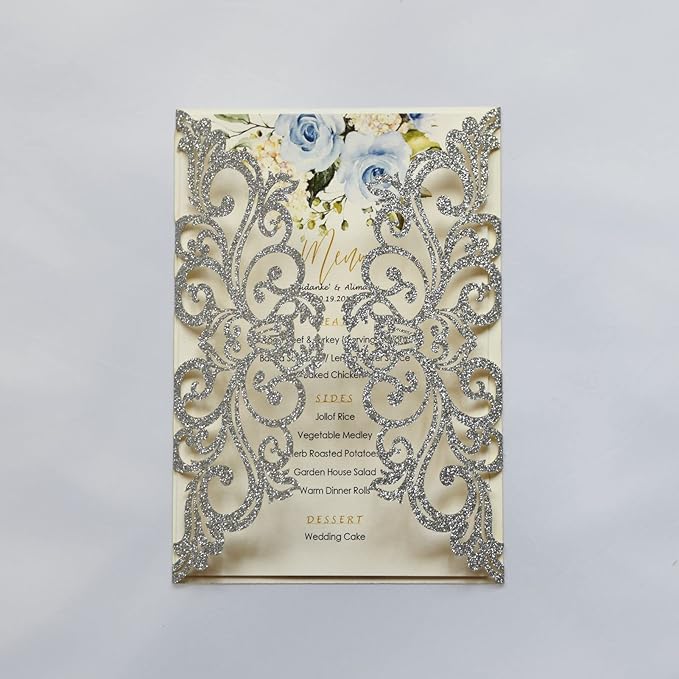 25PCS Silver Glitter Laser Cut Wedding Invitations Cards with Envelopes,Blank Inner Sheets,Ribbons for Wedding Bridal Shower Quinceañera Engagement Birthday Invites