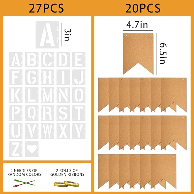 20 PCS DIY Custom Banner Set with Letter Stencils Ribbon, Customizable Party Sign Kit Blank Banner for Events Decoration Brown