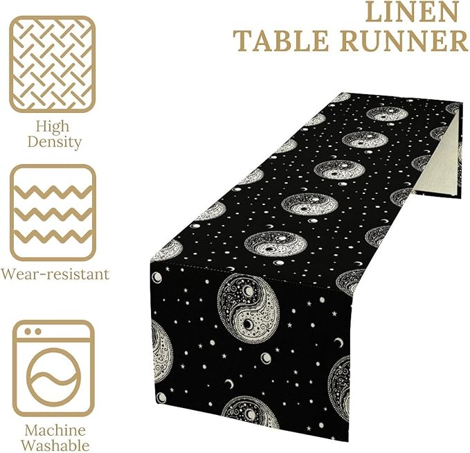 Mystical Celestial Table Runner, Vintage Bohemian Black Yin Yang Symbol Moon Stars Print Table Runner for Office Kitchen Dining Wedding Party Home Coffee Table, 13x90inch