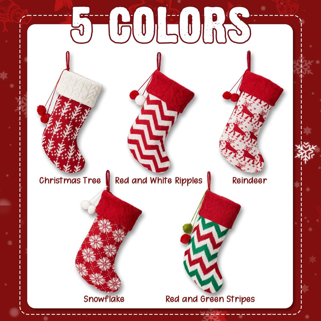 Christmas Stocking With Pom Pom,18” Large Cable Knitted Stocking,Family Christmas Stocking For Kids,Xmas Holiday and Family Stocking For Fireplace,Christmas Holiday Party Decor(Reindeer, 5pcs)
