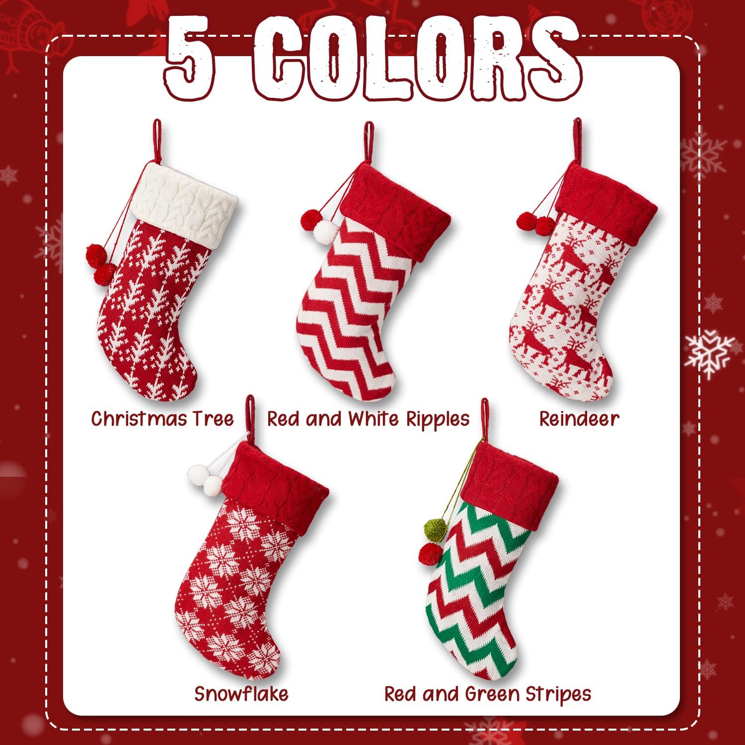 Christmas Stocking With Pom Pom,18” Large Cable Knitted Stocking,Family Christmas Stocking For Kids,Xmas Holiday and Family Stocking For Fireplace,Christmas Holiday Party Decor(Reindeer, 5pcs)
