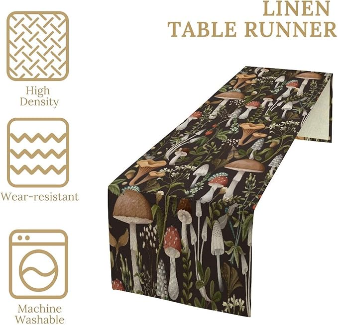 Mushroom Table Runner,Retro Forest Wildflower Botanical Plants Flower Art Pattern Print Burlap Hotel Indoors Outdoor Dining Room Kitchen Holiday Party, 13x60in