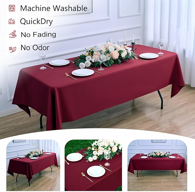 Burgundy 6 Pack Polyester Table Cloth 60 x 102 Inch, Rectangle Tablecloths for 6 Foot Tables Washable Table Cloth for Party Wedding