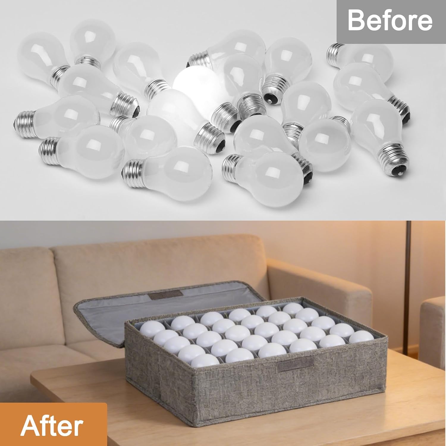 Light Bulb Organizer Storage Box, Ornament Storage with 30 Dividers Foldable Organizer with Lid Sturdy PP Board Fits Various Christmas Light Standard Bulbs Case Box Gray