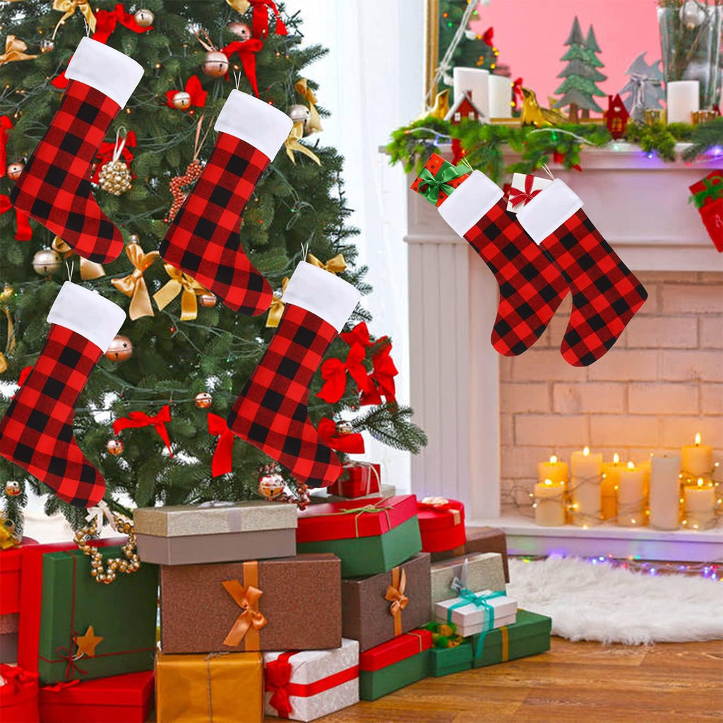 DIYASY Christmas Buffalo Plaid Stockings,6 Pack 18 Inches Large Black White Plaid Stockings