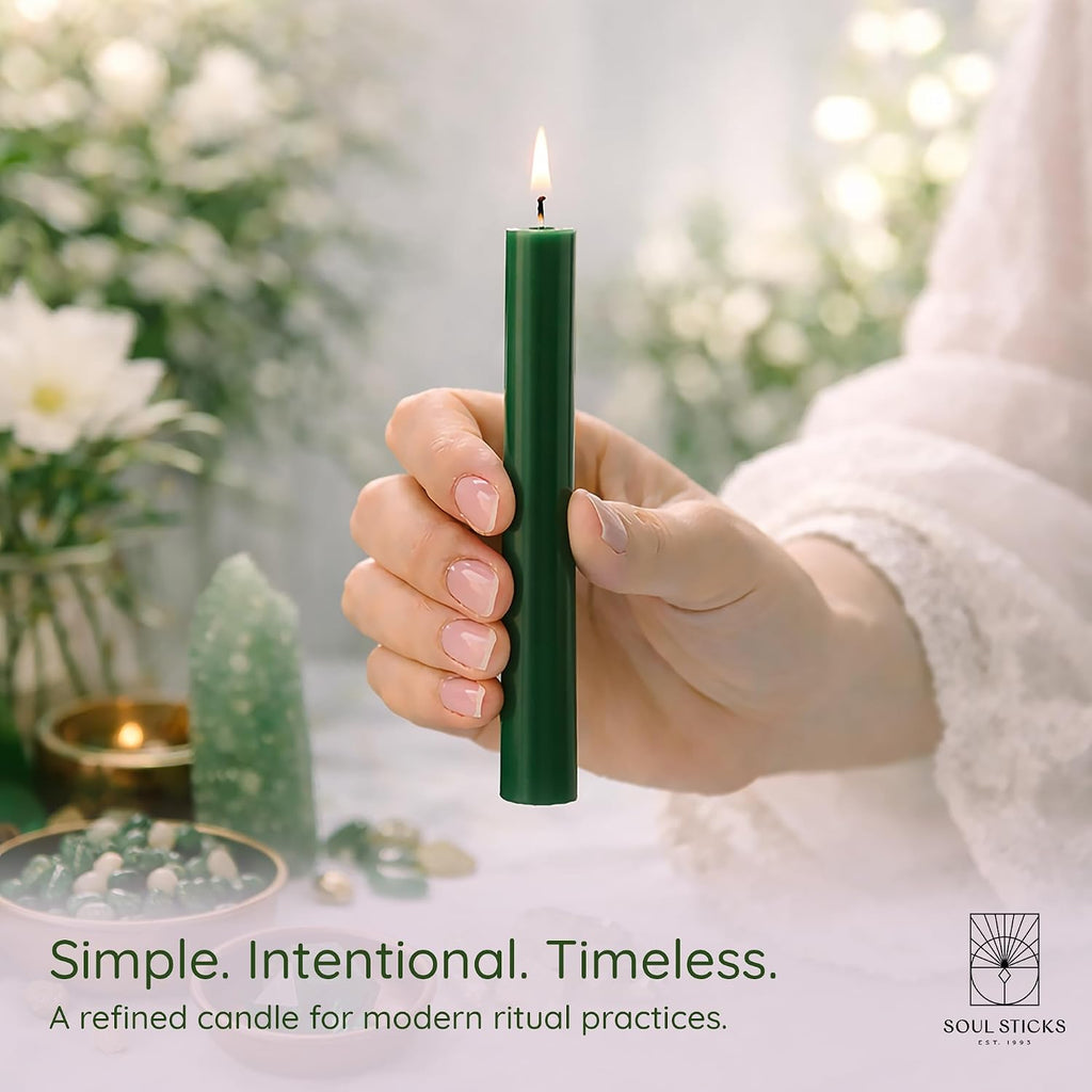 SOUL STICKS Prosperity Magic Spell Chime Taper Candles 20 Pack - Ideal for Altar, Rituals, Ceremonies, Meditation Green Unscented Candle Sticks for Witchcraft Supplies, Wiccan Supplies and Tools