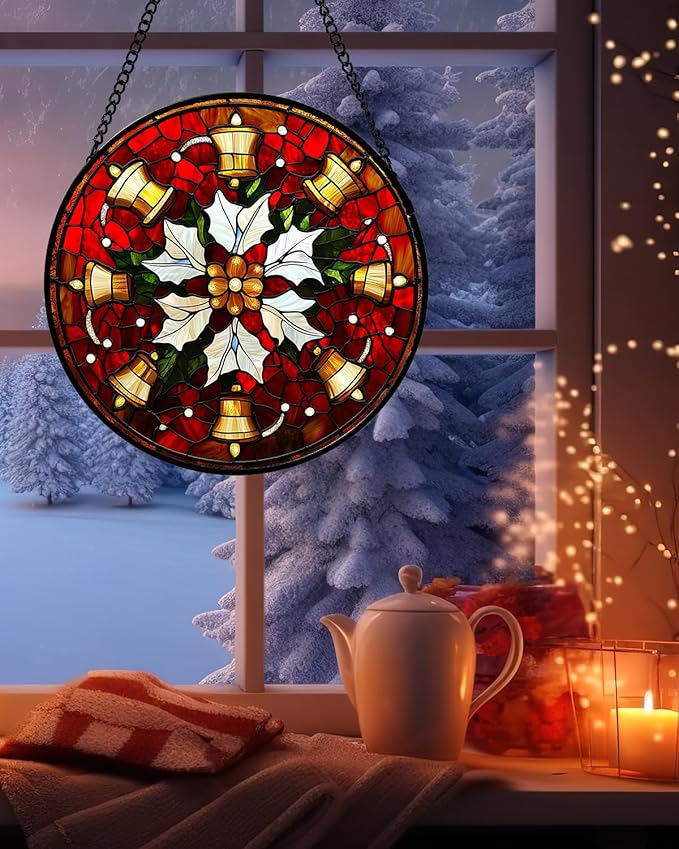 Stained Glass Window Hanging - Golden Bells Flowers Suncatcher for Doors Home Christmas Decoration Winter Sun Catcher Thanksgiving New Year Birthday Gift for Friend Women Men Mom Nana 15 in