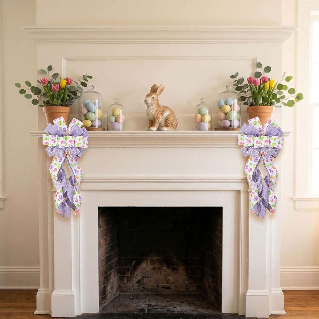Estivaux Large Easter Wreath Bows for Front Door, Purple White Burlap Bow Spring Floral Eggs Tree Topper Bows for Wreath Wall Window Easter Decorations