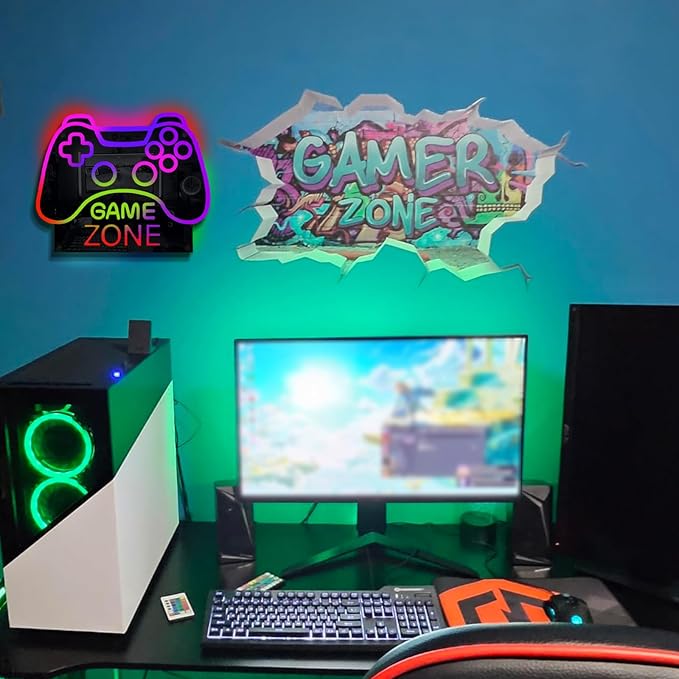 ineonlife Game Zone Controller Neon Sign Mirrored Colorful LED Lights for Gaming Room Decor Light Up Signs for Teen Boy Bedroom Decoration Best Gift for Kids 11.42 x 14.17 inches USB Powerd