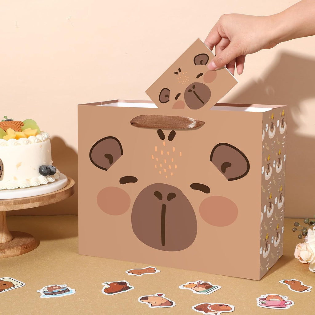 Large Capybara Birthday Gift Bag,Cute Capybara Wrapping Paper Bag Brown Capybara Party Decoration Gift Bag with Tissue Paper and Greeting Card for Capybara Animal-Themed Birthday Party Supplies