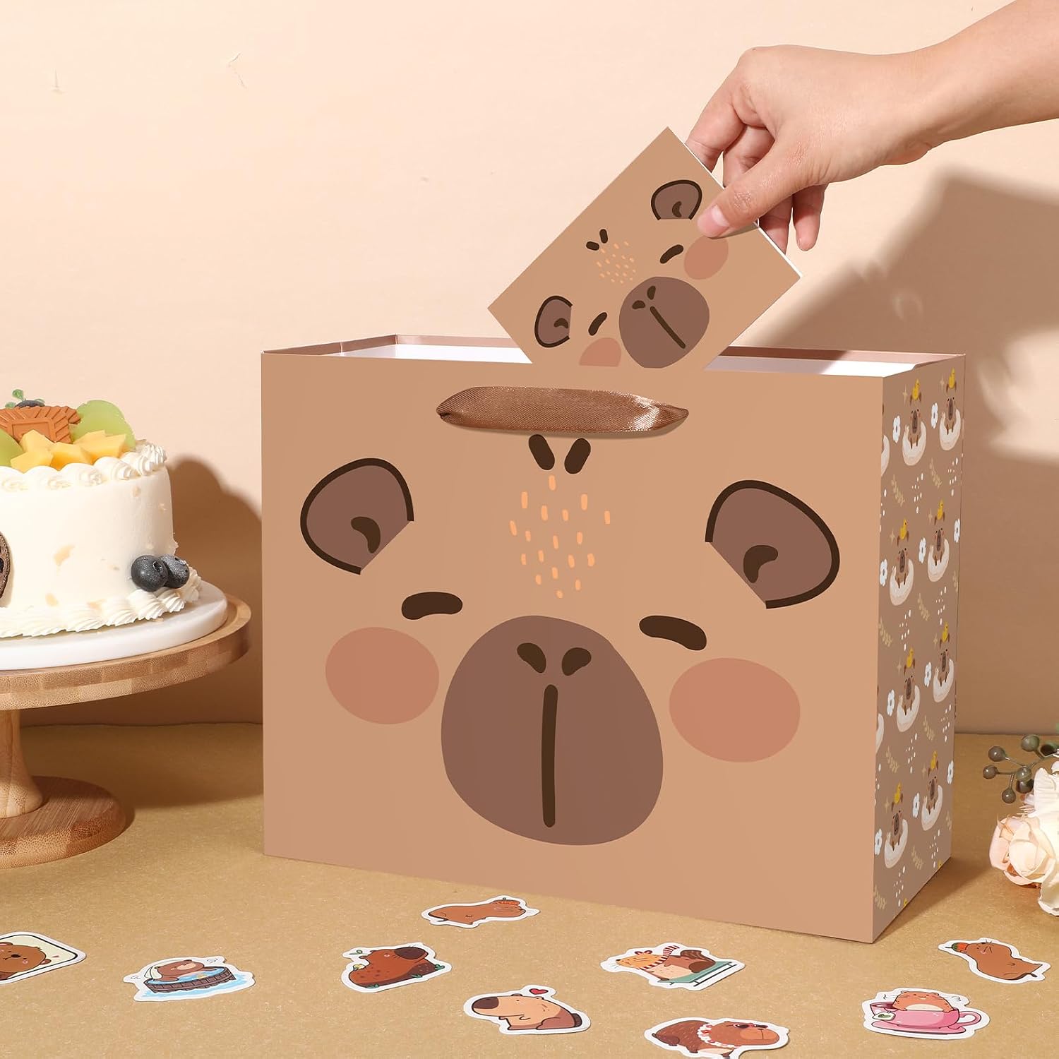 Large Capybara Birthday Gift Bag,Cute Capybara Wrapping Paper Bag Brown Capybara Party Decoration Gift Bag with Tissue Paper and Greeting Card for Capybara Animal-Themed Birthday Party Supplies