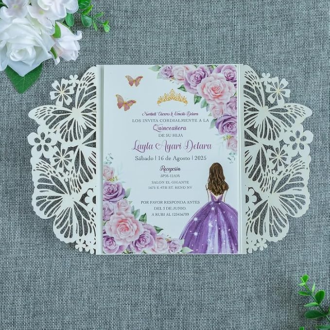 20 PCS 5.12x7.2 Butterfly Quinceanera Invitation, Laser Cut Wedding Invitation Cards with Envelopes for XV Anos Bridal Shower Baby Shower Invite (Purple Glitter)