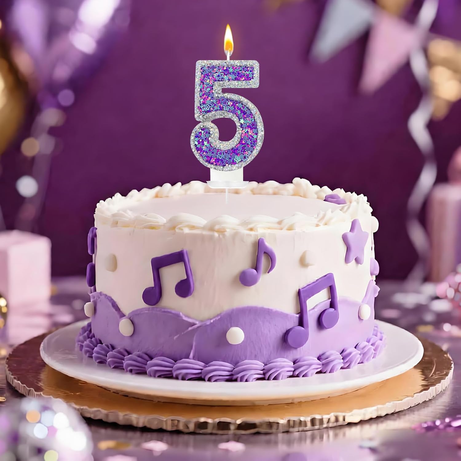 K-pop Number 5 Birthday Candle, Star Glitter Filled Number Candle, Purple Silver Fantasy Cake Topper for Birthday Party Decoration