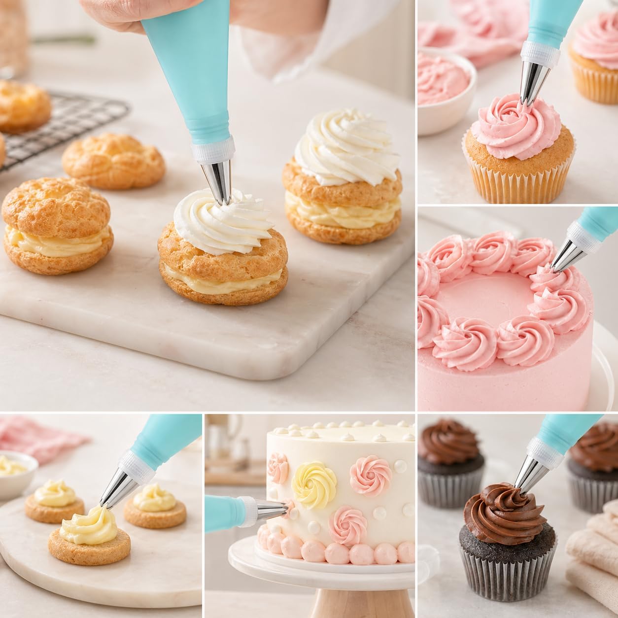 15-Piece Piping Bags and Tips Set, Cake Decorating Kit with 6 Stainless Steel Icing Tips, 2 Reusable Blue EVA Pastry Bags, 2 Couplers, 2 Silicone Ties and 3 Cake Scrapers for Baking