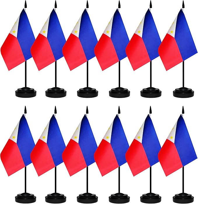 12 Pack Philippine Desk Flags Set, Philippine Small Mini Table Office Flags with 12" Solid Black Pole, 8.2 x 5.5 Inches, Home and Office Decoration, Festival Celebrations