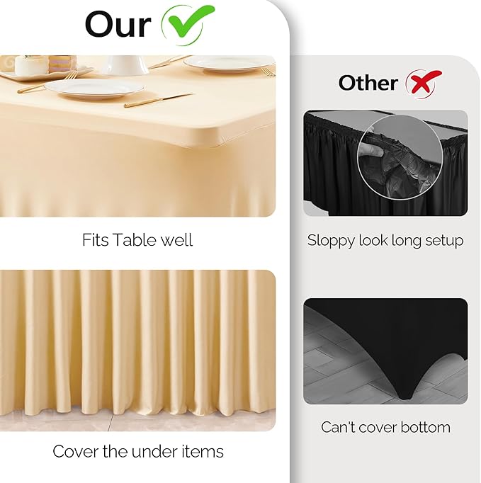 2 Pack Champagne Spandex Table Clothes for 6 Foot Rectangle Tables, 6FT Wrinkle Free Fitted Tablecloths Ruffles Design Table Cover for Party, Banquet, Wedding and Events