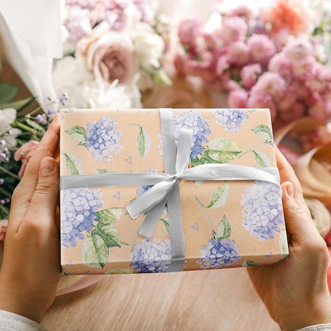 RUSPEPA 30" X 32.8' Hydrangea Wrapping Paper Large Kraft Paper Roll, Jumbo Roll, Purple Floral Kraft Gift Wrap for Women, Girl, Spring, Wedding and Mother's Day Celebration, 82 sq. ft