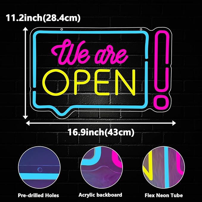 Open Neon Sign for Business, We Are Open Led Neon Light Signs for Store Shop Bar Café Restaurant Wall Decor Bright Advertisement Sign for Window Dimmable USB Powered(16.9"*11.2")