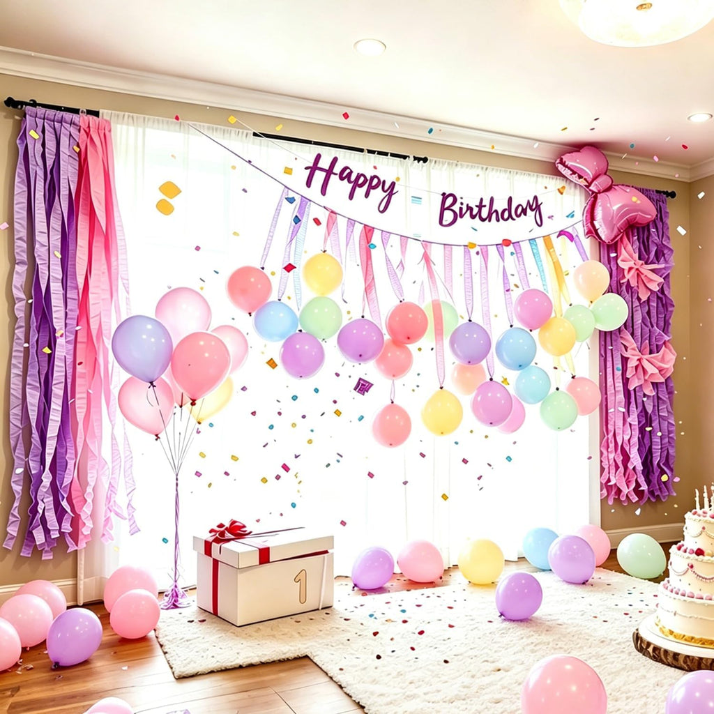 Pastel Streamers, 6 Rolls 492 Ft with Balloons, Pastel Crepe Paper Streamers for Birthday Decorations, Party Decorations, Holiday and Anniversary Decorations DIY (1.77 Inch X 82 Ft/Roll)