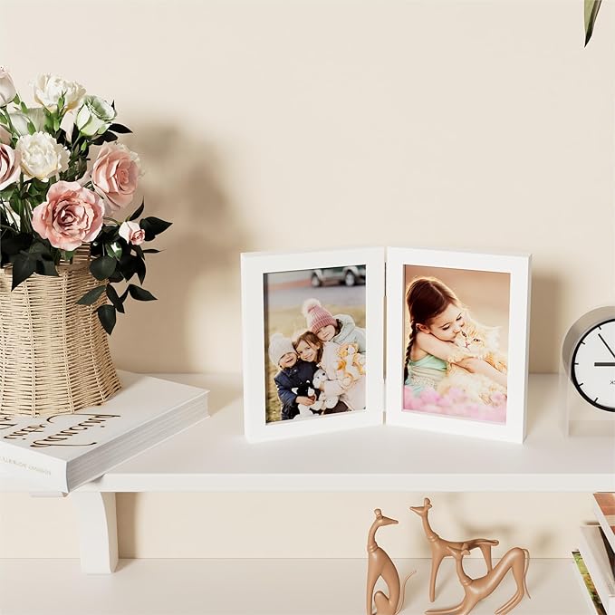 decorUhome Double 5x7 Picture Frame Vertical, Engineered Wood Bifold Photo Frame with Plexiglass for Tabletop Display, 5x7, White