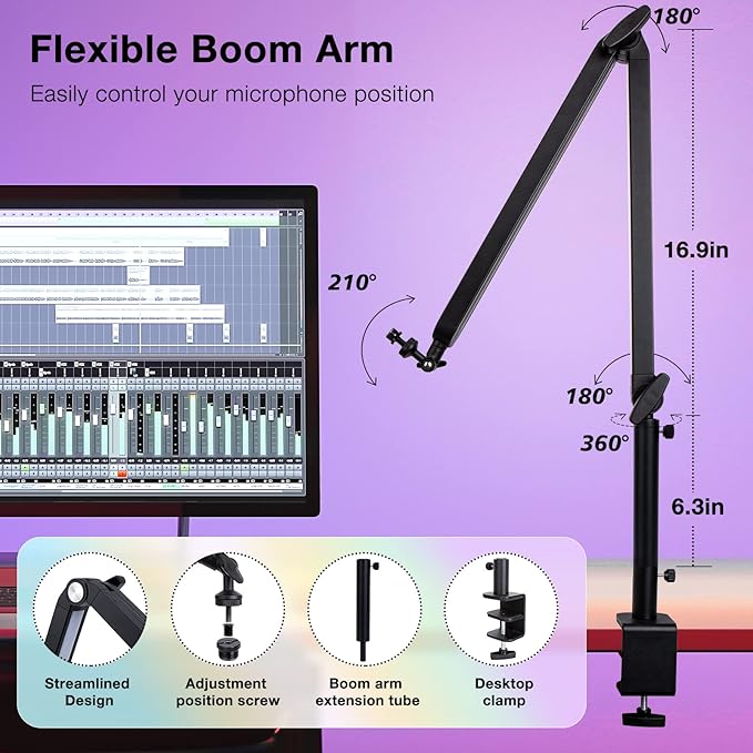 Boom Arm with RGB Light - Mic Arm for HyperX QuadCast, Blue Yeti, Shure SM7B, Rode and Most Gaming Mic, Height adjustable Mic Boom Arm Microphone Arm, Desk Mic Stand for Most USB Microphone By SUNMON