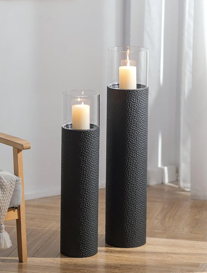 Sziqiqi Tall Floor Candle Holders: 34/27 inch Hurricane Pillar Candleholders Set of 2 for Home Decor - Large Black Cylinder Candle Stand for Outdoor Porch Living Room Fireplace