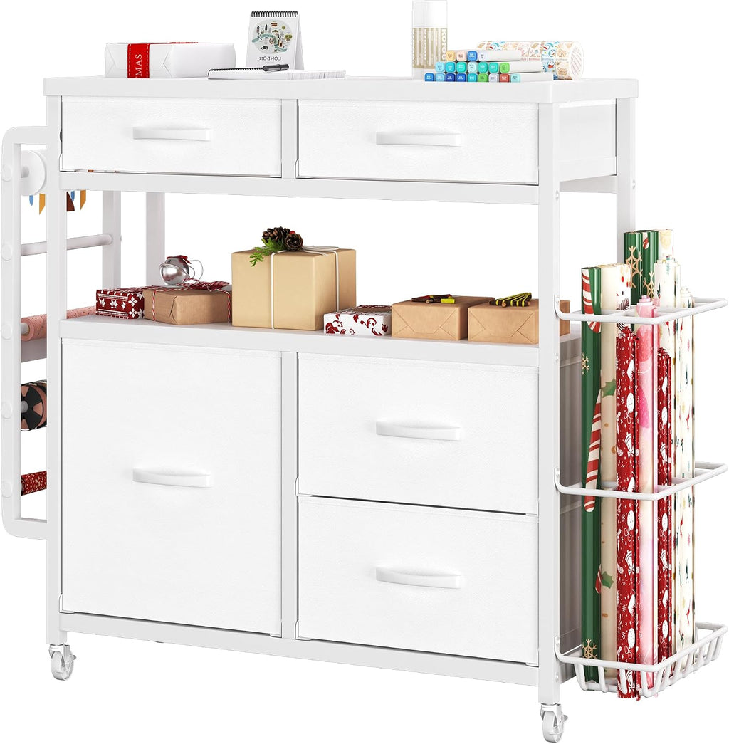LIVEHOM Wrapping Paper Storage, Rolling Gift Wrap Station | Holiday Paper Holder Crafting Station with wheels Space-Saving Gift Prep Cart for Christmas Holiday Supplies