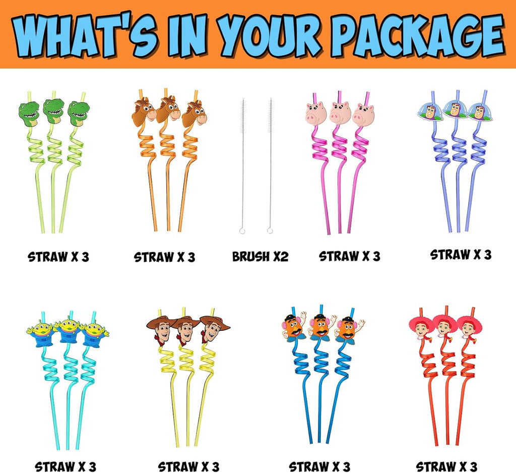 24Pcs Toy Inspired Story Birthday Party Supplies Reusable Drinking Straws,8 Designs Toy Themed Story Party Favors with 2 Cleaning Brushes