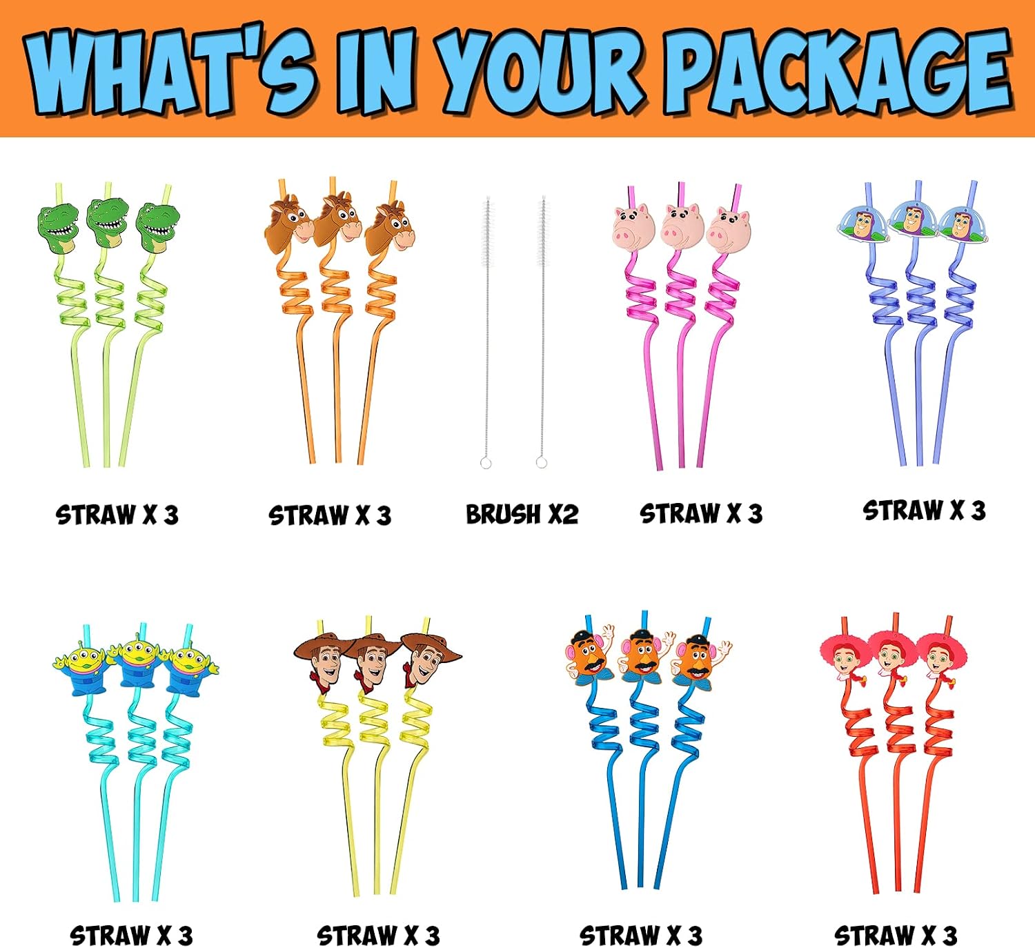 24Pcs Toy Inspired Story Birthday Party Supplies Reusable Drinking Straws,8 Designs Toy Themed Story Party Favors with 2 Cleaning Brushes