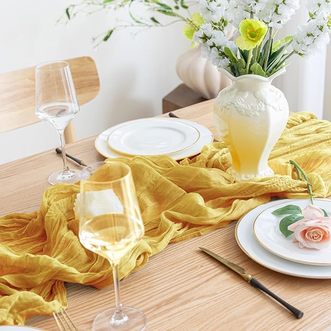 Asee'm 2pcs Cheesecloth Table Runner 120 Inches Long Gold Boho Gauze Cheese Cloth Runner 10FT Rustic Sheer Table Runners for Christmas Wedding Party Baby Shower Spring Easter Decoration