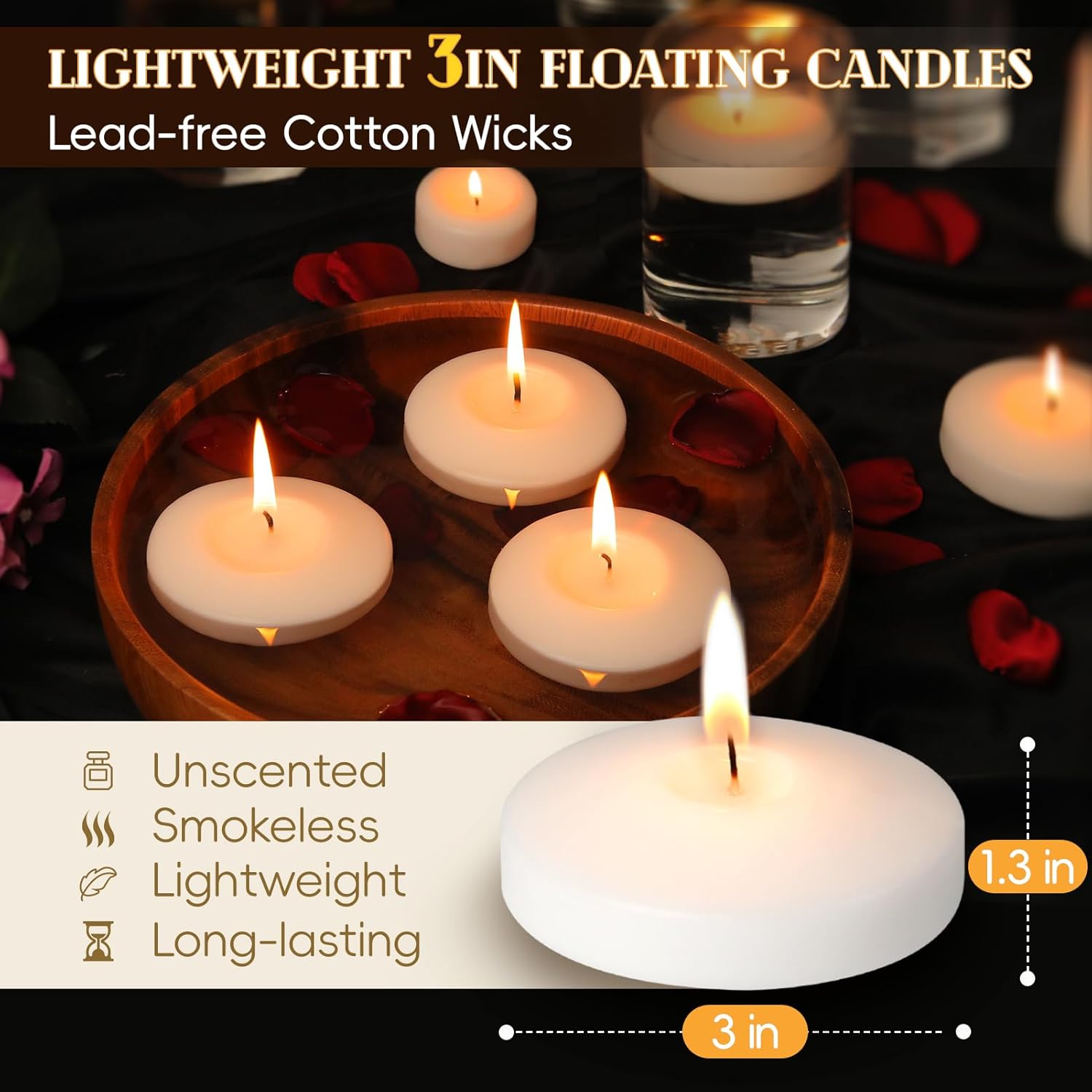 3 inch White Floating Candles, 48 Pack Unscented Floating Candle,8-9 Hours Burning Floating Candles for Centerpieces, 3“ Water Candles for Cylinder Vases, Wedding, Party