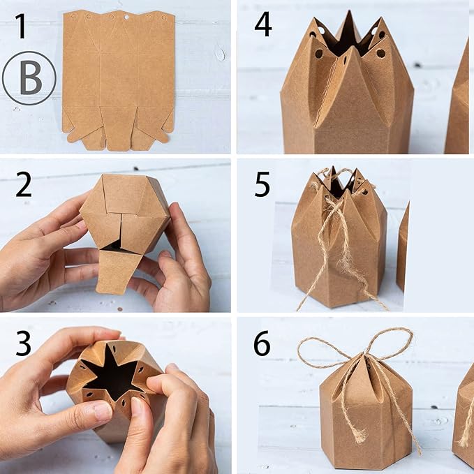 Zontween 50 Pack Hexagon Paper Box With Twines Kraft Paper Hexagon Boxes With Twice Candy Favor Present Boxes For Wedding Birthday Brown