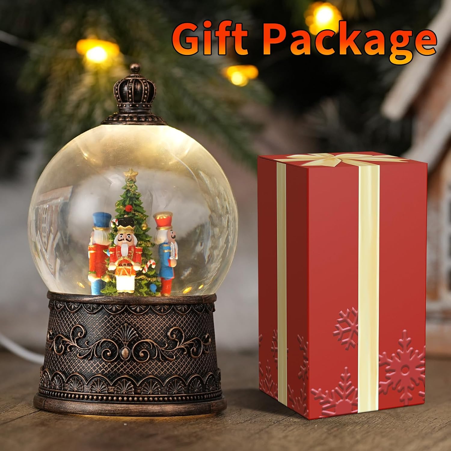 Snow Globe with Nutcrackers, Light Up Christmas Snow Globes with Music Timer - USB Plug or Battery Operated Glitter Globe Indoor Christmas Decorations