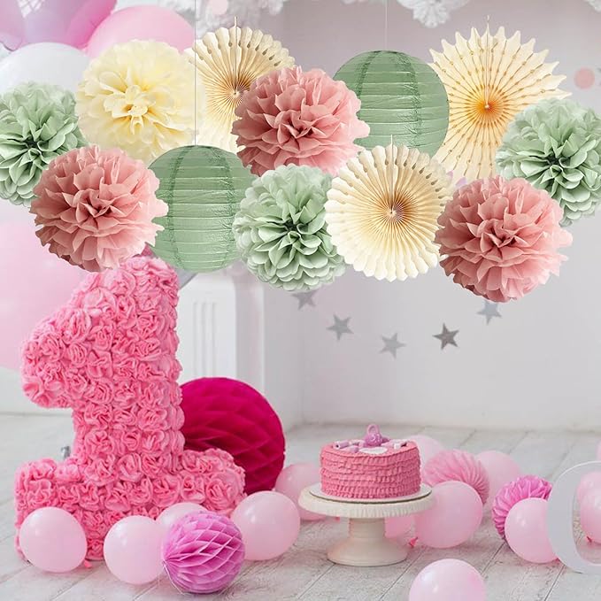 Dusty Pink and Sage Green Party Decorations Dusty Rose Sage Green Tissue Pom Poms Paper Lanterns Confetti Dots Scatter Table Decoration for Women Girls Birthday Party Wedding Baby Shower Engagement