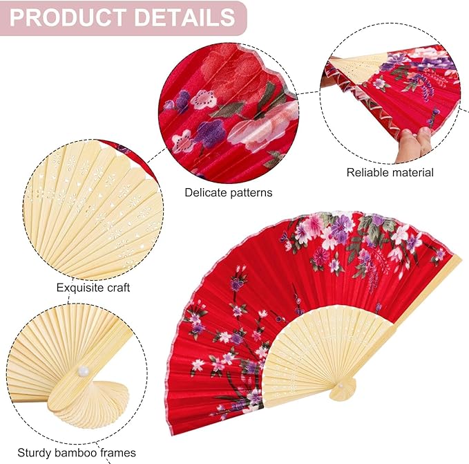 durony 12 Pieces Floral Folding Fans Silk Bamboo Handheld Fans Vintage Handheld Fan Flower Patterns Fabric Fans for Wedding Gifts, Dancing, Party Favors, Multicolor