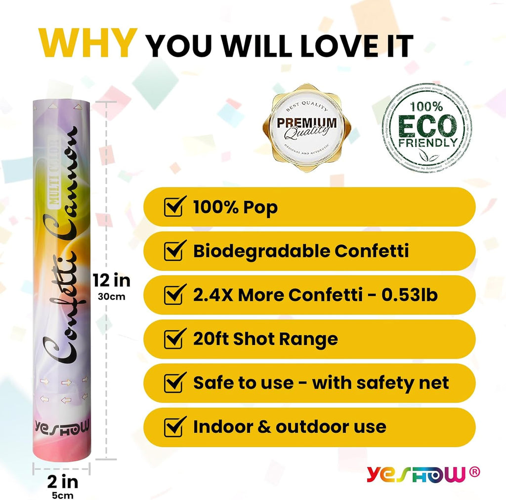 Confetti Cannon Party Poppers Biodegradable Shooters, (6 Pack) YESHOW Multicolor Confetti Blaster for Birthday Graduation Wedding Christmas New Year’s Eve Valentine's Day