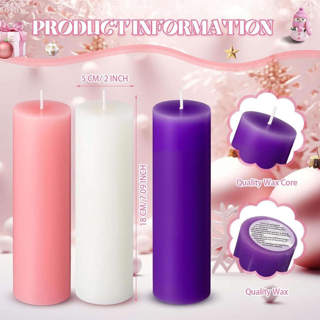 Cindeer 2 x 7 Inch Advent Candles Set of 5 for Advent Wreaths Candle Holder Votive Purple Pink Christmas Pillar Scented Candles for Seasonal Celebration Home Church